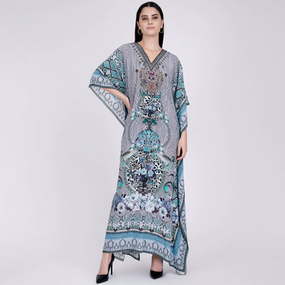Grey and Blue Embellished Silk Full Length Kaftan