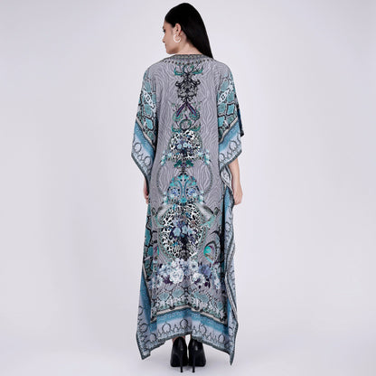 Grey and Blue Embellished Silk Full Length Kaftan