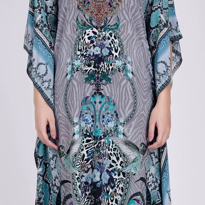 Grey and Blue Embellished Silk Full Length Kaftan