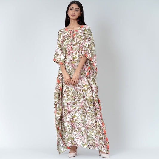 Green Floral Print Full Length Kaftan