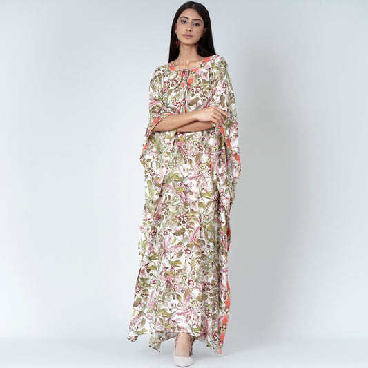 Green Floral Print Full Length Kaftan