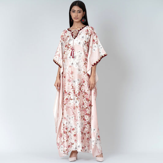 Pink Floral Print Full Length Kaftan