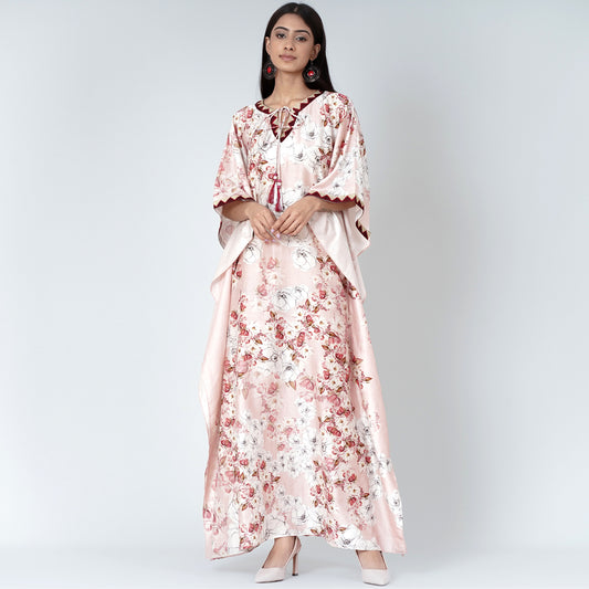 Pink Floral Print Full Length Kaftan