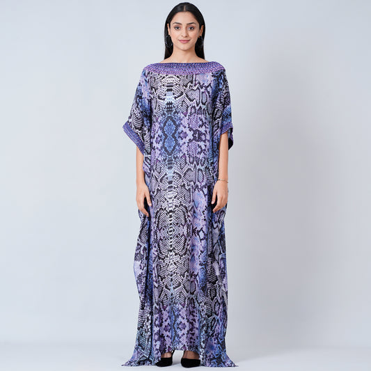 Blue Animal Print Embroidered Full Length Kaftan