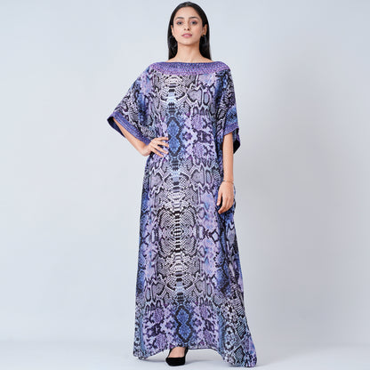 Blue Animal Print Embroidered Full Length Kaftan
