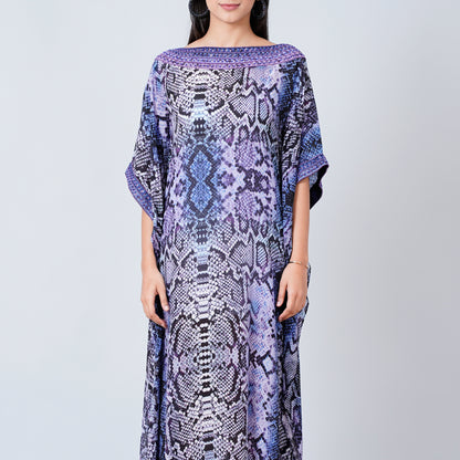Blue Animal Print Embroidered Full Length Kaftan