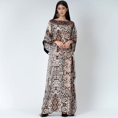 Brown Animal Print Embroidered Full Length Kaftan