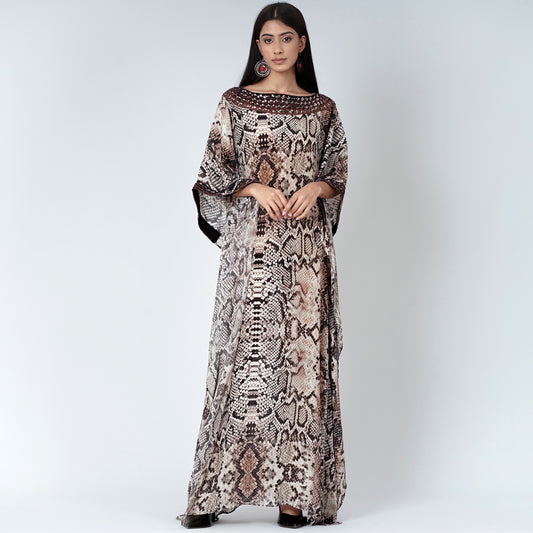 Brown Animal Print Embroidered Full Length Kaftan