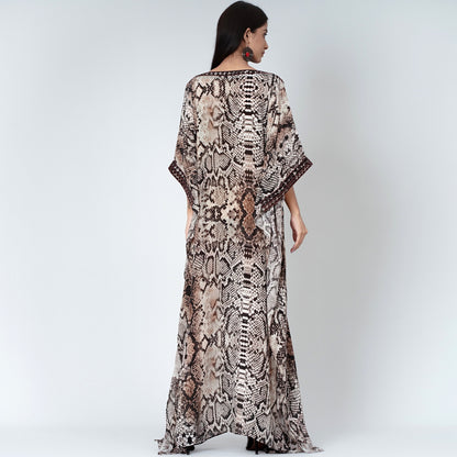 Brown Animal Print Embroidered Full Length Kaftan