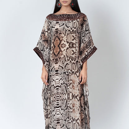 Brown Animal Print Embroidered Full Length Kaftan