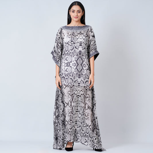 Grey Animal Print Embroidered Full Length Kaftan