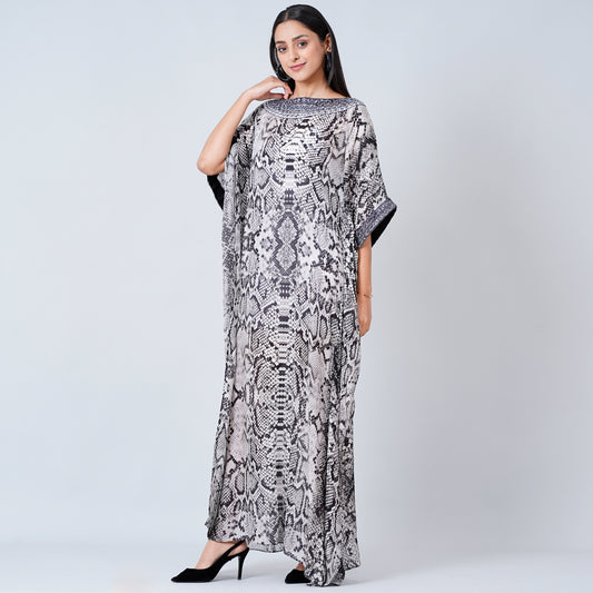 Grey Animal Print Embroidered Full Length Kaftan
