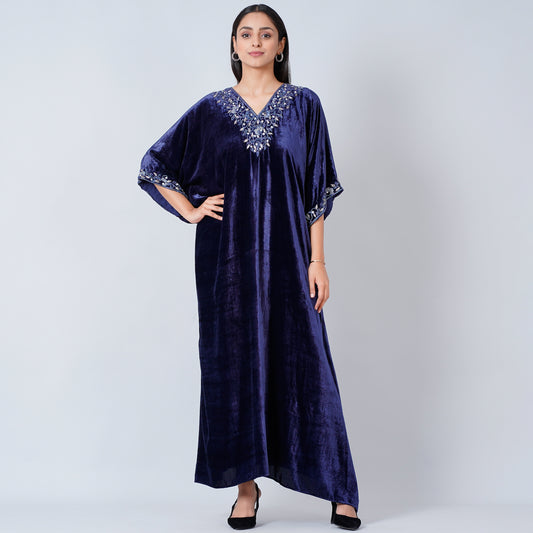 Blue Hand Embroidered Silk Velvet Full Length Kaftan