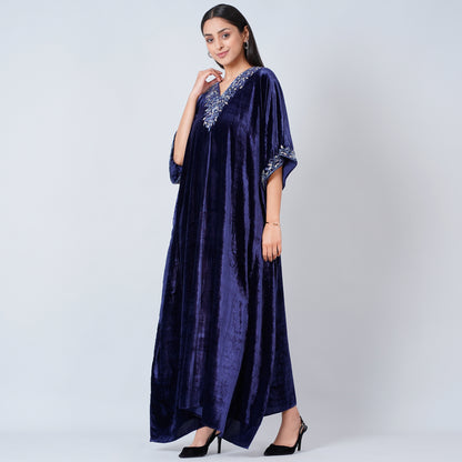 Blue Hand Embroidered Silk Velvet Full Length Kaftan