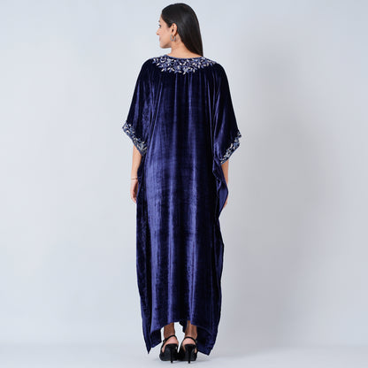 Blue Hand Embroidered Silk Velvet Full Length Kaftan
