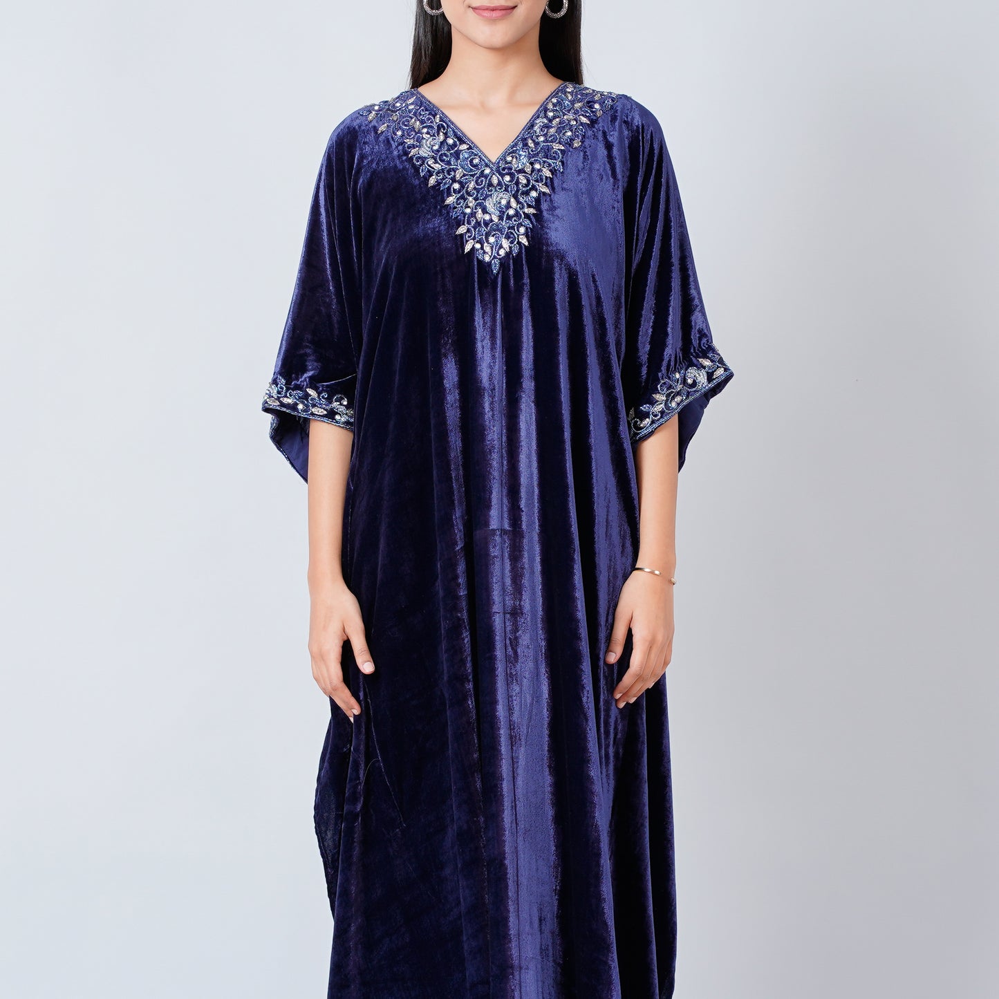 Blue Hand Embroidered Silk Velvet Full Length Kaftan