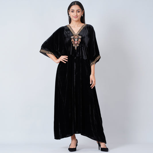 Black Gold Embroidered Silk Velvet Full Length Kaftan