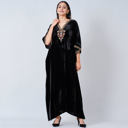 Black Gold Embroidered Silk Velvet Full Length Kaftan