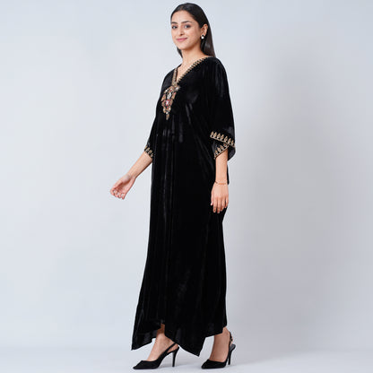 Black Gold Embroidered Silk Velvet Full Length Kaftan