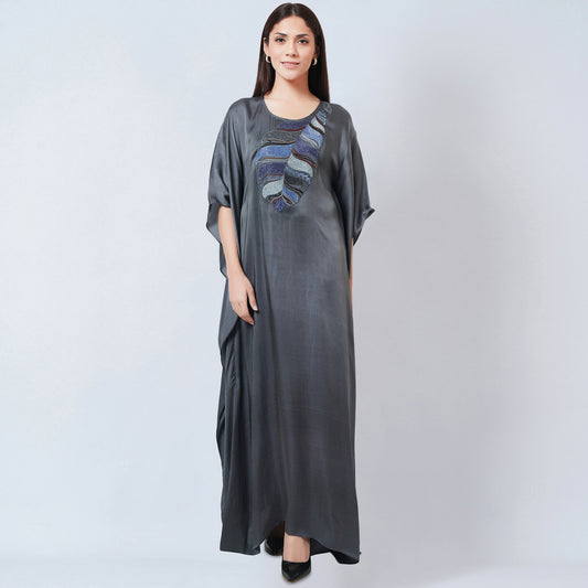 Dark Grey Embroidered Full Length Kaftan