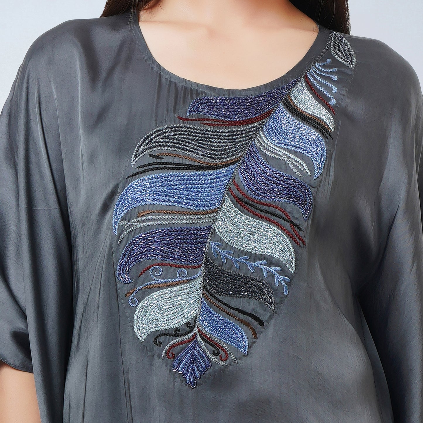 Dark Grey Embroidered Full Length Kaftan