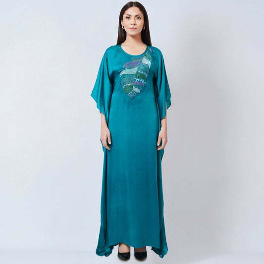 Teal Embroidered Full Length Kaftan