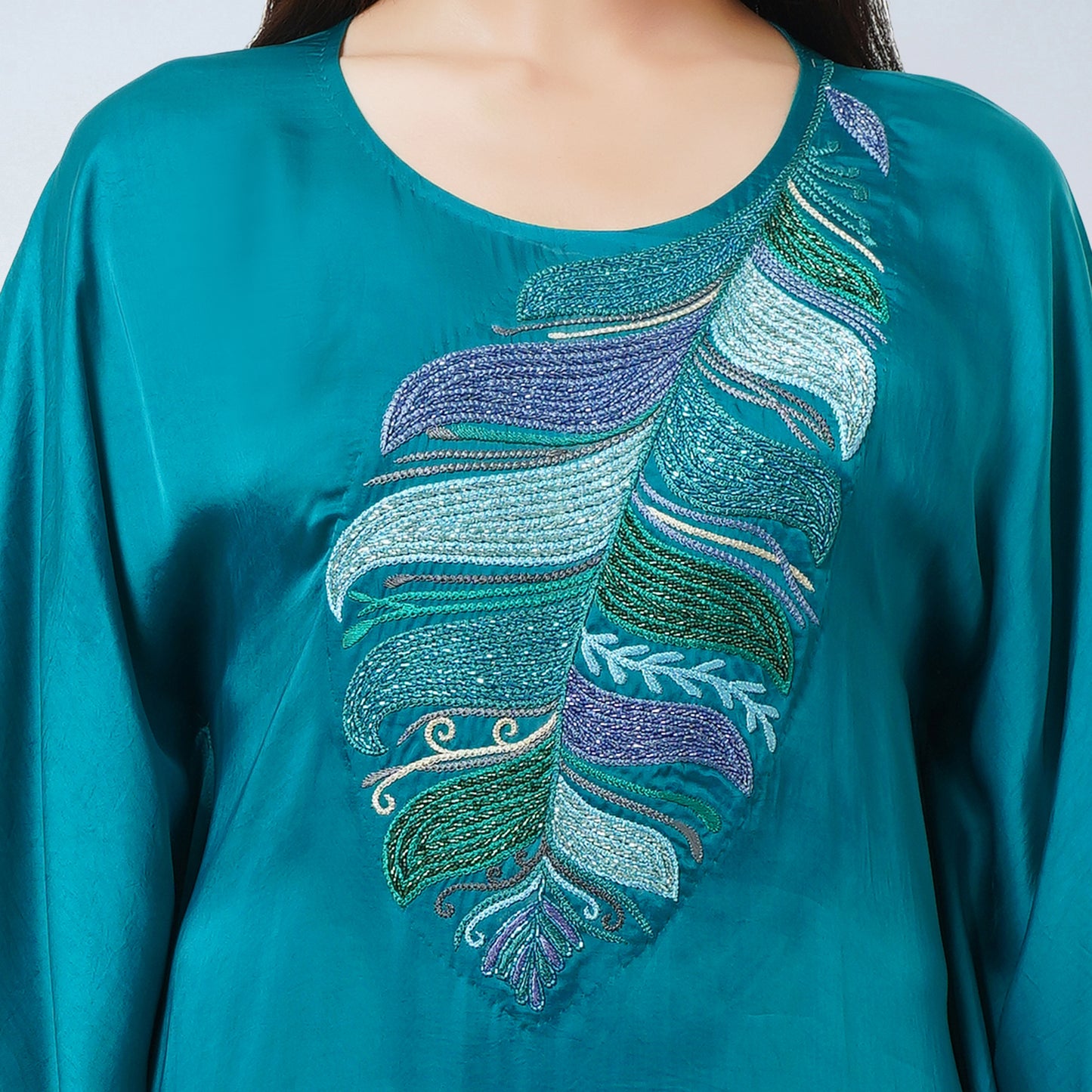 Teal Embroidered Full Length Kaftan