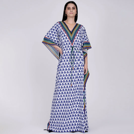 Blue and White Triangle Geometric Print Full Length Kaftan