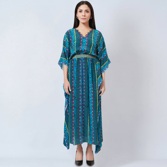 Blue Animal Print Silk Full Length Kaftan