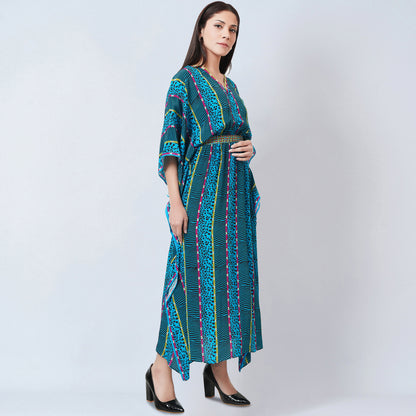 Blue Animal Print Silk Full Length Kaftan
