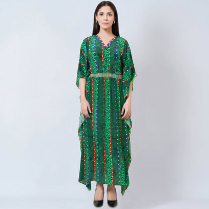 Green Animal Print Silk Full Length Kaftan