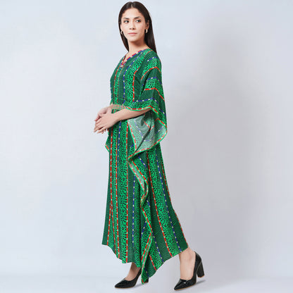 Green Animal Print Silk Full Length Kaftan