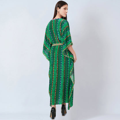 Green Animal Print Silk Full Length Kaftan