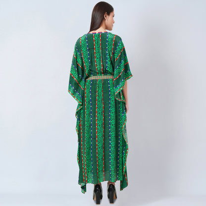 Green Animal Print Silk Full Length Kaftan