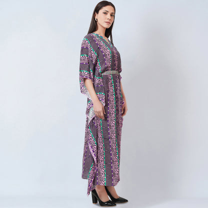 Mauve Animal Print Silk Full Length Kaftan