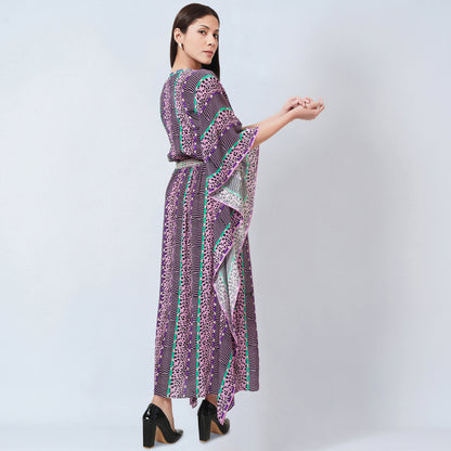Mauve Animal Print Silk Full Length Kaftan