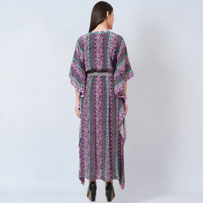 Mauve Animal Print Silk Full Length Kaftan