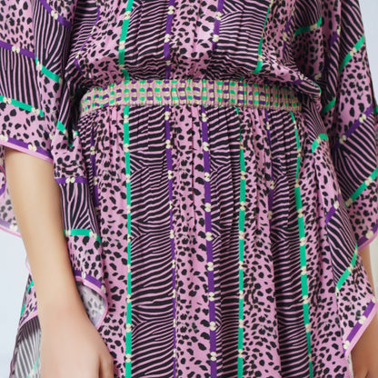 Mauve Animal Print Silk Full Length Kaftan
