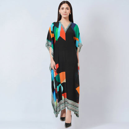 Black Graphic Art Print Full Length Kaftan