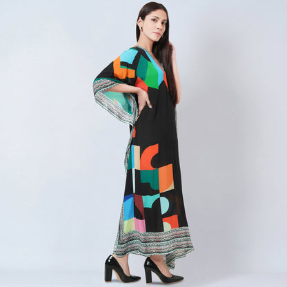Black Graphic Art Print Full Length Kaftan