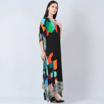 Black Graphic Art Print Full Length Kaftan
