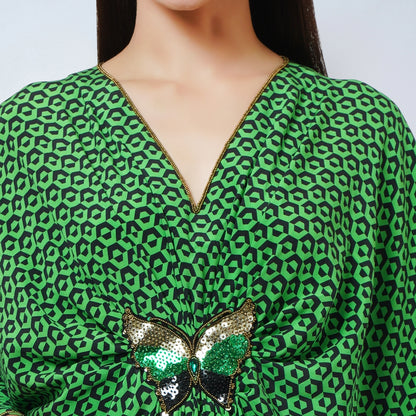 Fluorescent Green Honeycomb Print Silk Full Length Kaftan with Butterfly Motif