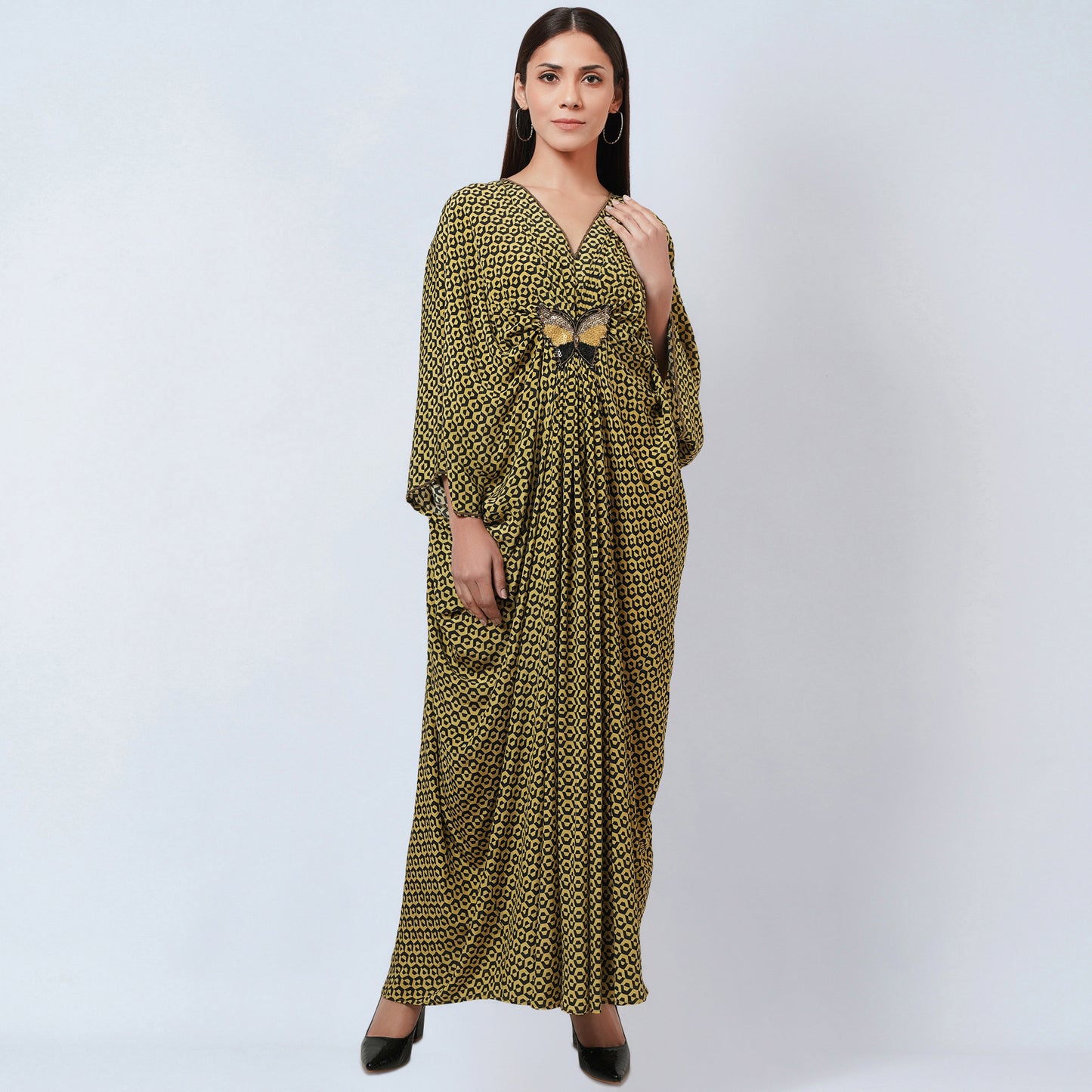 Fluorescent Yellow Honeycomb Print Silk Full Length Kaftan with Butterfly Motif