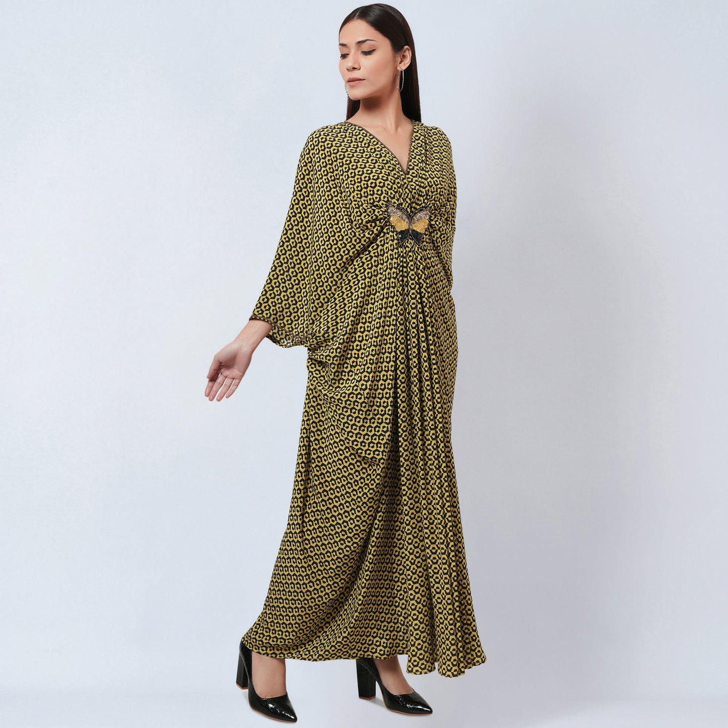 Fluorescent Yellow Honeycomb Print Silk Full Length Kaftan with Butterfly Motif