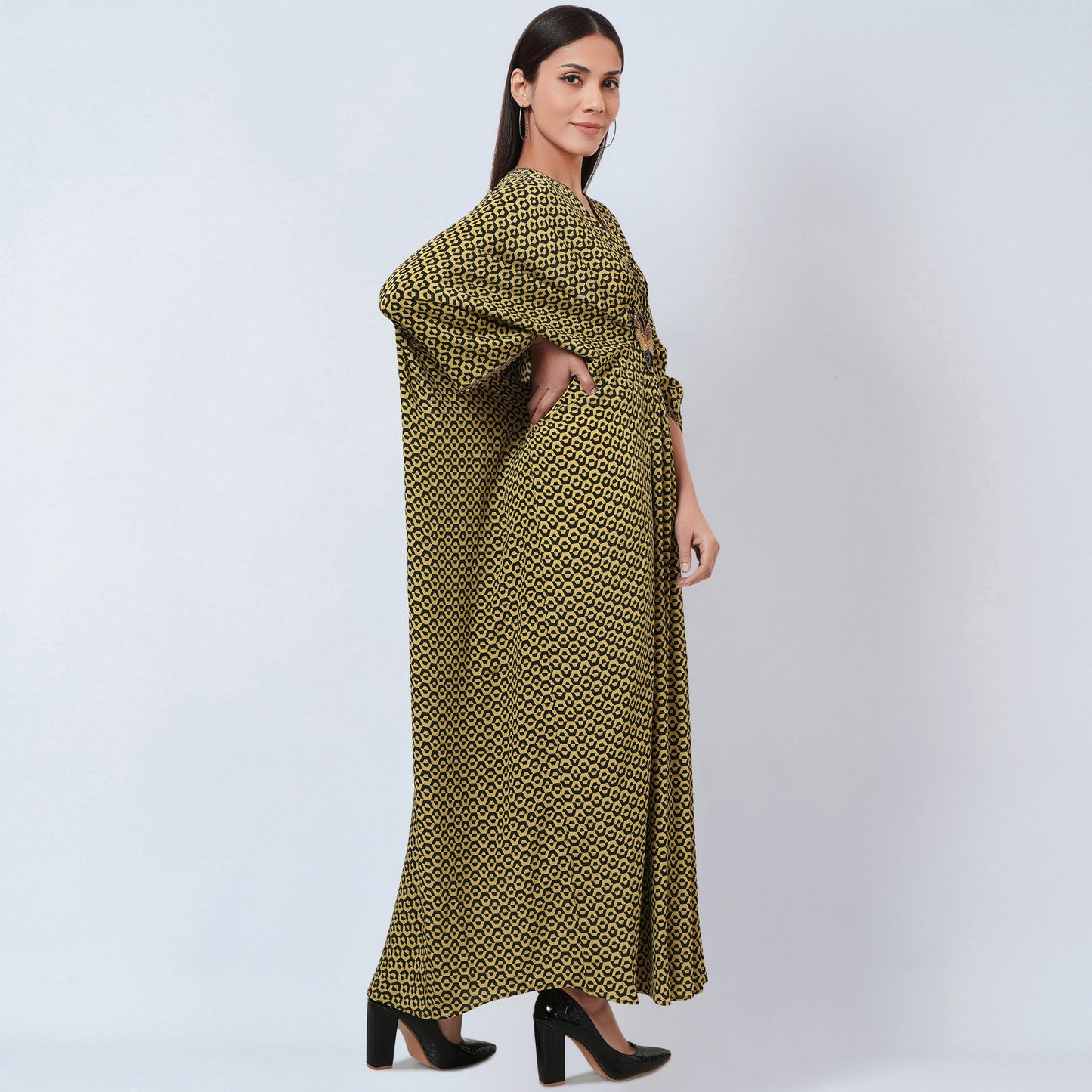 Fluorescent Yellow Honeycomb Print Silk Full Length Kaftan with Butterfly Motif
