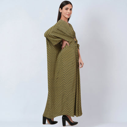 Fluorescent Yellow Honeycomb Print Silk Full Length Kaftan with Butterfly Motif