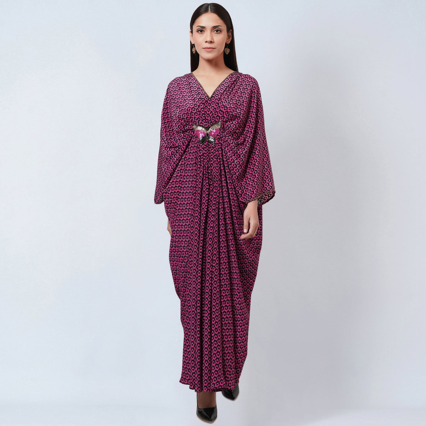 Magenta Honeycomb Print Silk Full Length Kaftan with Butterfly Motif