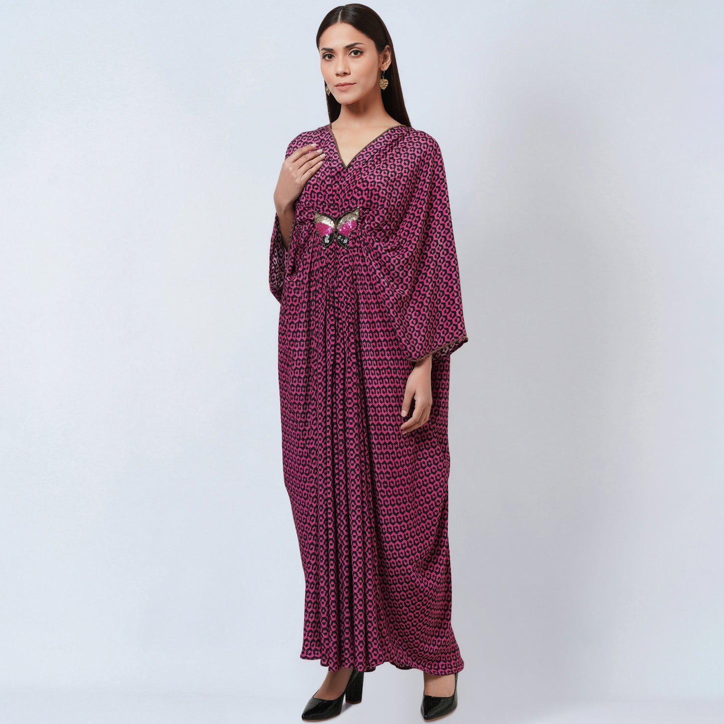 Magenta Honeycomb Print Silk Full Length Kaftan with Butterfly Motif