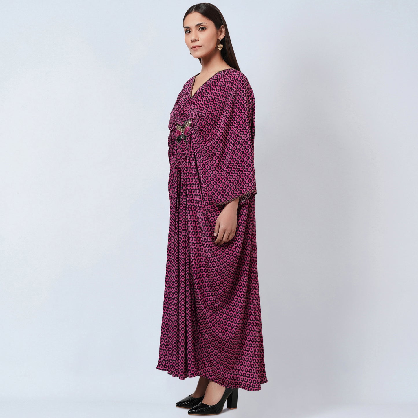 Magenta Honeycomb Print Silk Full Length Kaftan with Butterfly Motif