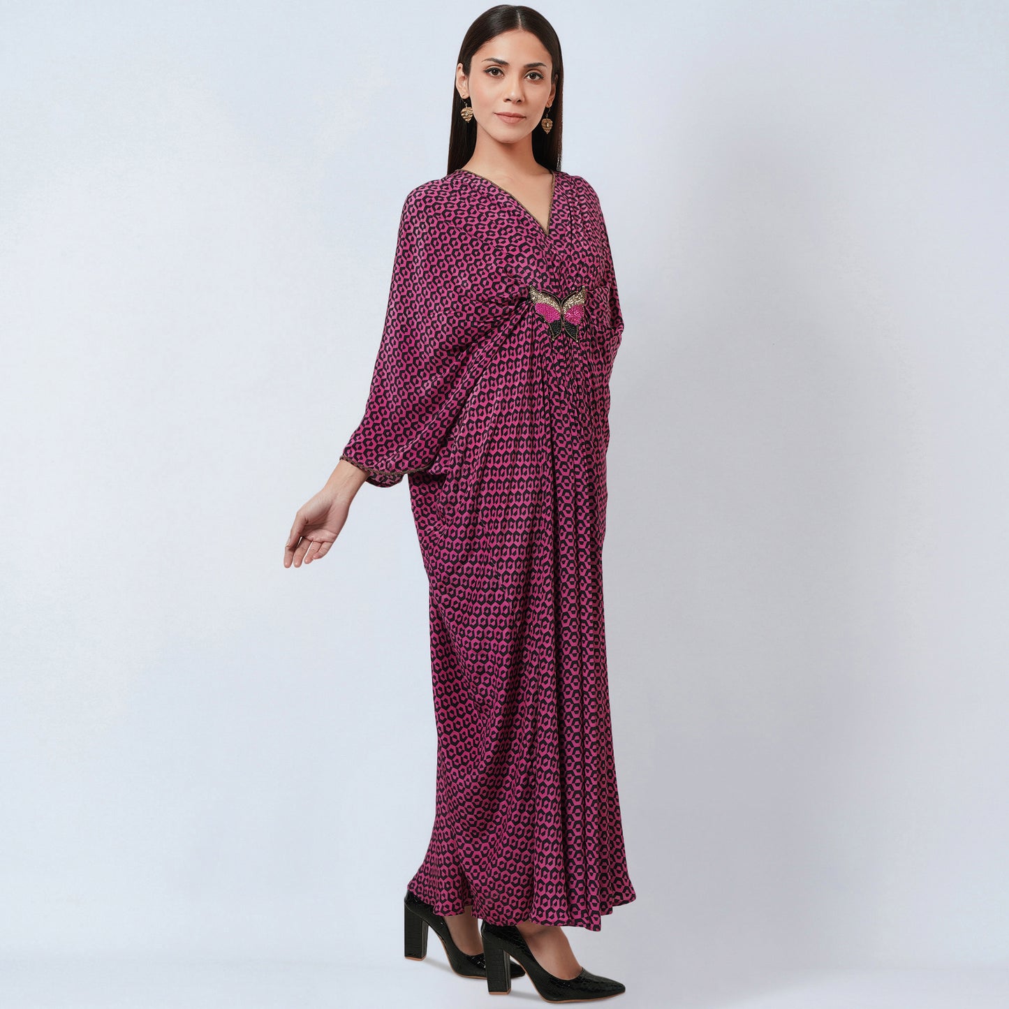Magenta Honeycomb Print Silk Full Length Kaftan with Butterfly Motif
